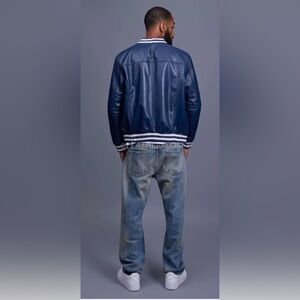 Hood Credit Leather Blue Varsity Jacket